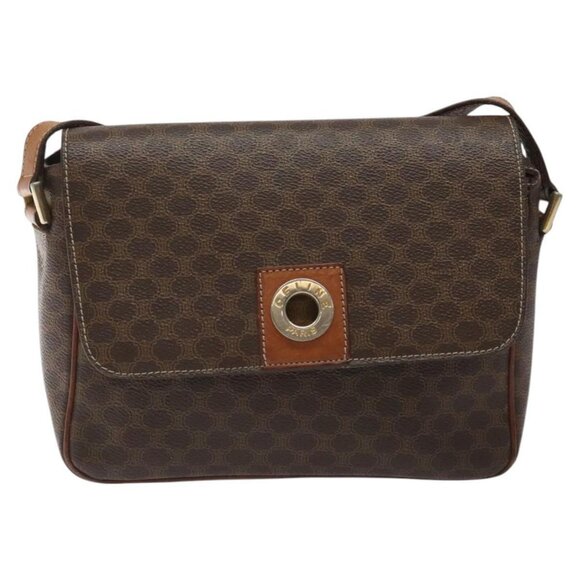 CELINE Macadam Canvas Shoulder Bag PVC Leather Brown Gold - Picture 2 of 15